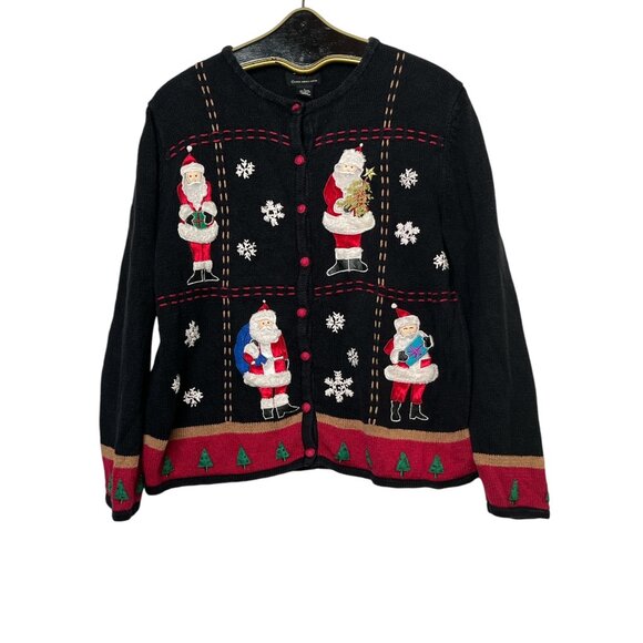 VTG Studio Joy Ugly Christmas Sweater Women's Large Cardigan Black Santa Snow - Picture 2 of 7